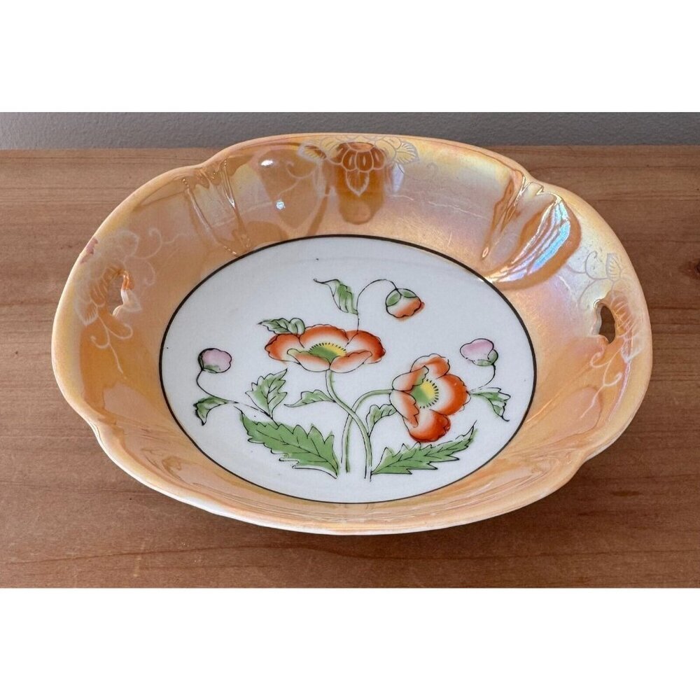 Vintage Lusterware Hand Painted Peach Floral Ceramic Serving Bowl Dish Japan - Picture 3 of 4